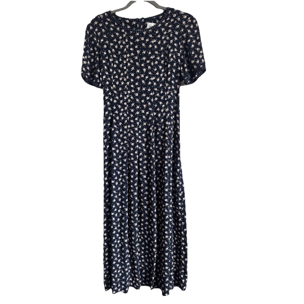 VTG Sara Campbell Dress Navy Blue Daisy Floral Maxi Cottagecore Medium Size 8 - Picture 1 of 7